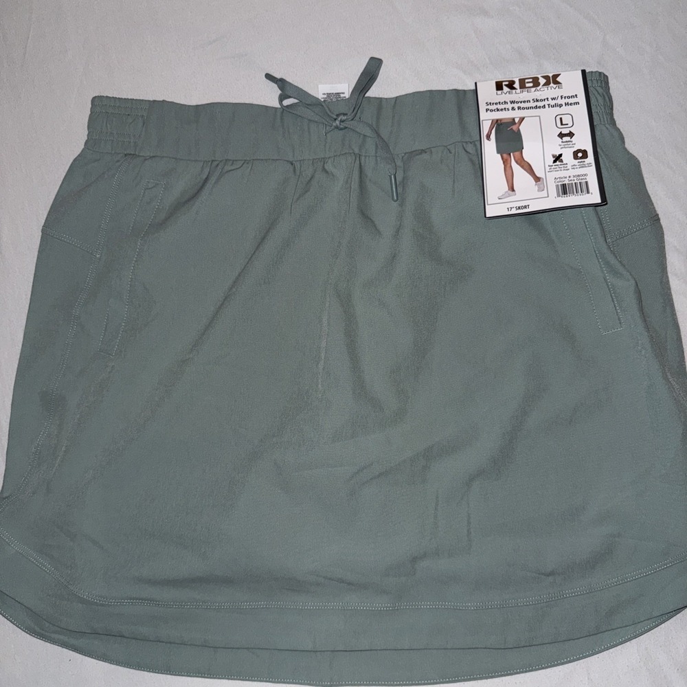 RBX Womens Live Life Stretch Woven Skort Front Pockets Tulip Hem Green L 308000